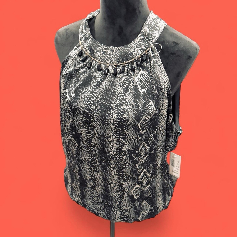 Halo Snake Print Halter Top XL Black Gray Sleeveless Tie Neck Blouse Coquette